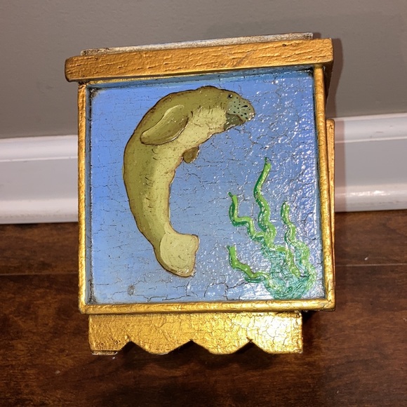 Handpainted Manatees wooden Jewelry / trinket box Peru Hand Jive shabby 8 1/4” - Picture 9 of 12